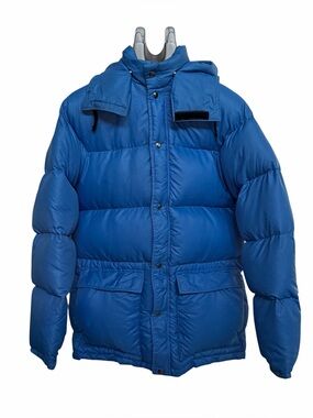 Vintage Goose Down Blue Puffer Jacket Hooded Winter Coat Unisex